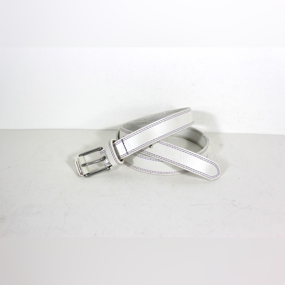 Pearlized White Narrow Leather Belt with Purple Mauve Topstitching Shimmer - Picture 2 of 8